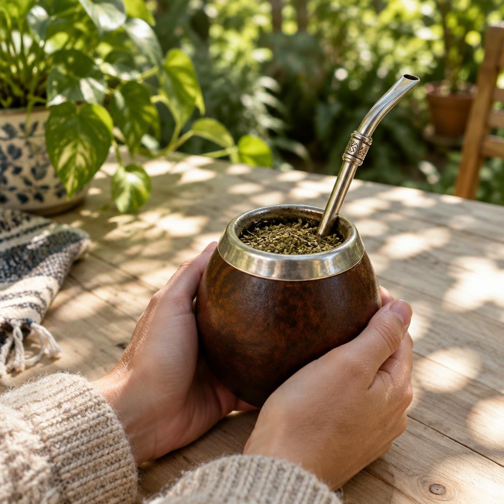 Manos sosteniendo un mate al sol